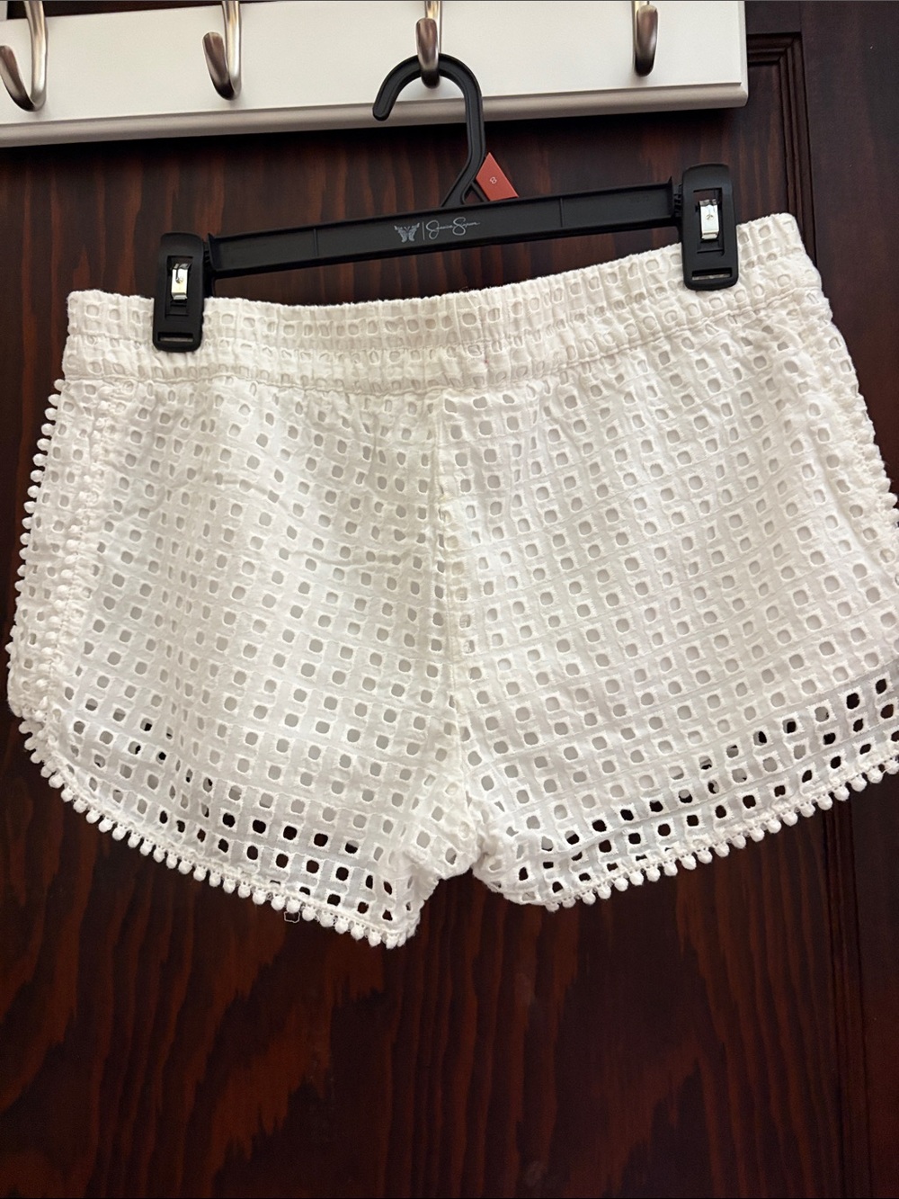 White Eyelet Pom-Pom Trim Women's Shorts - Picture 2 of 3